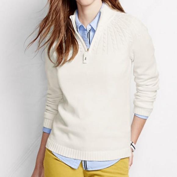 Lands' End Sweaters Lands End Drifter Cable Zip Mock Cardigan Ivory